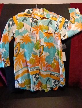 Violet Kay Tropical Print Button-Up Blouse in Turquoise, Orange, Green